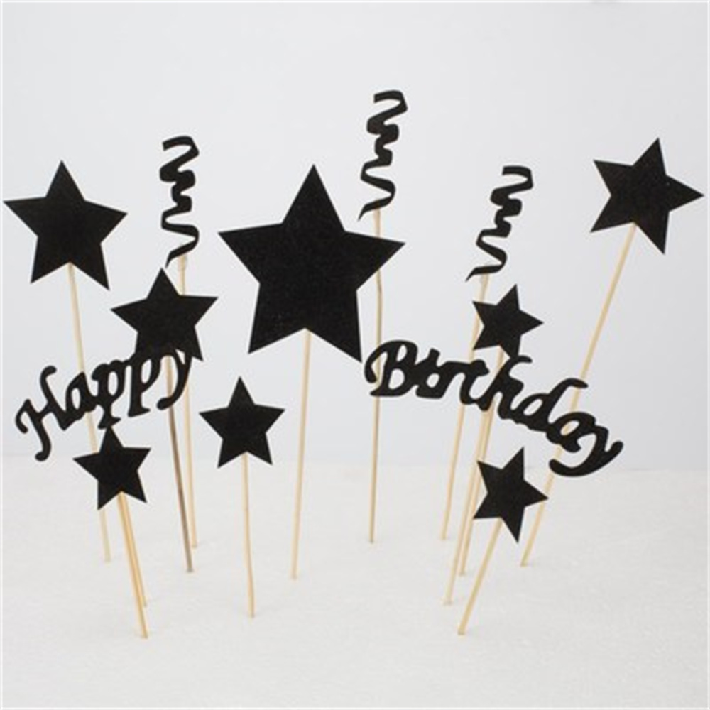 1 Set Happy Birthday Cake Toppers Black Gold Stars DIY Cake Flag Wedding Birthday Party Cake Decoration plug-in toppers: black