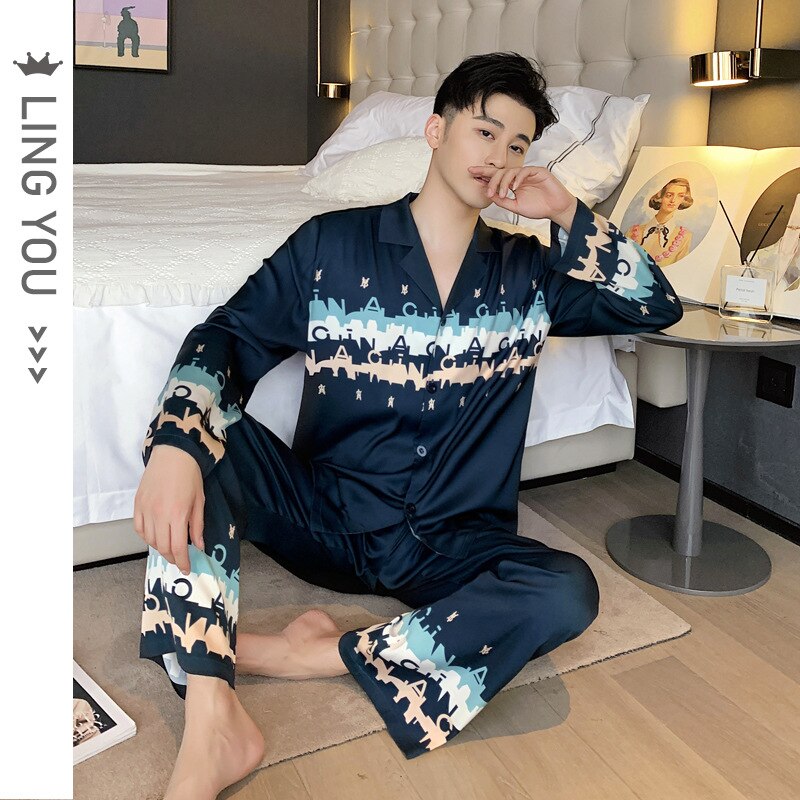 Pyjama de styliste pour homme, vêtements de nuit, haut à manches longues, pantalon, en soie glacée, ensemble de nuit,