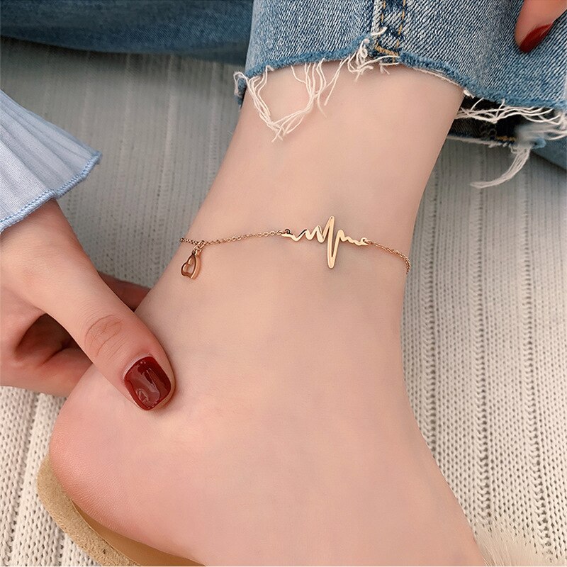 Tobillera bohemia de corazón de acero inoxidable para mujer, pulsera de tobillo de Color oro rosa, cadena de pierna, tobilleras ECG para tobillo, joyería para pie de playa