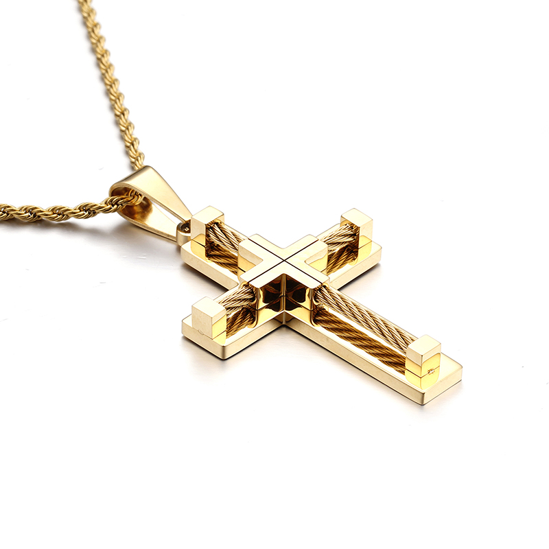 Gull rustfritt stål wire kjede stor biker cross crucifix anheng halskjede tau kjede menn & #39 ;s kvinner punk 4mm 22 tommer