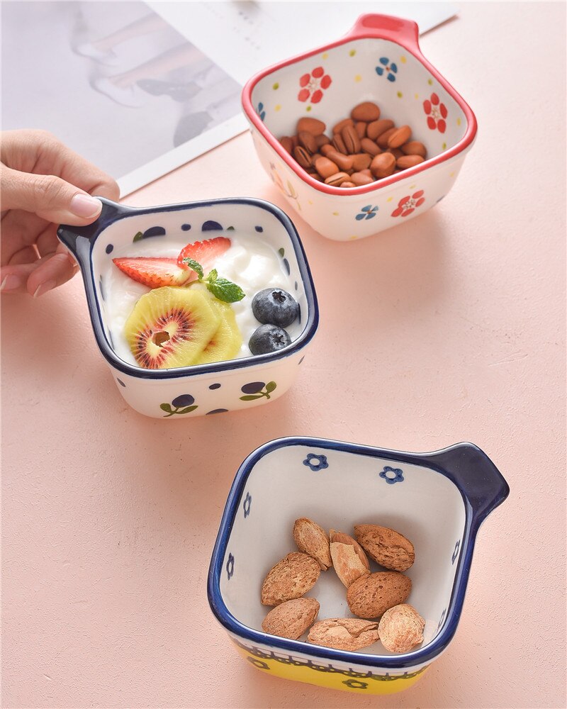 EECAMAIL Hand-painted Cute Ceramic Square Small Bowl Fruit Salad Bowl Yogurt Cup Dessert Bowl Pudding Bowl Baby Complementary