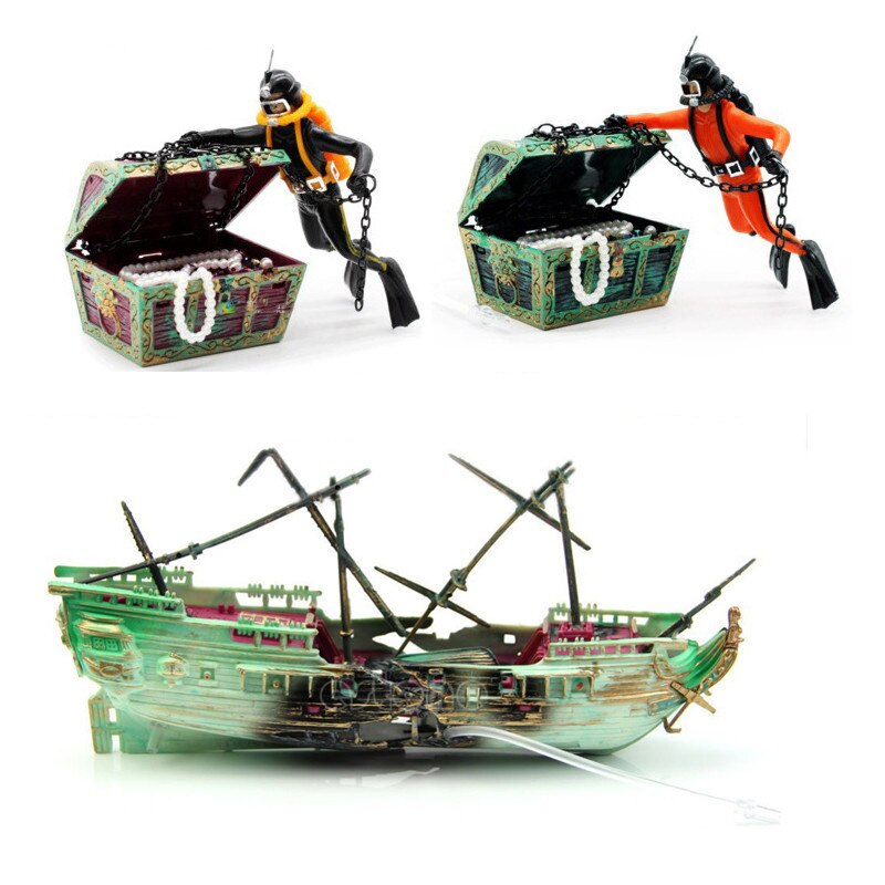 Action Aquarium Ornament, Live-Action Aerating Fish Tank Decorations, Undersea Treasure Chest and Diver Action Ornament