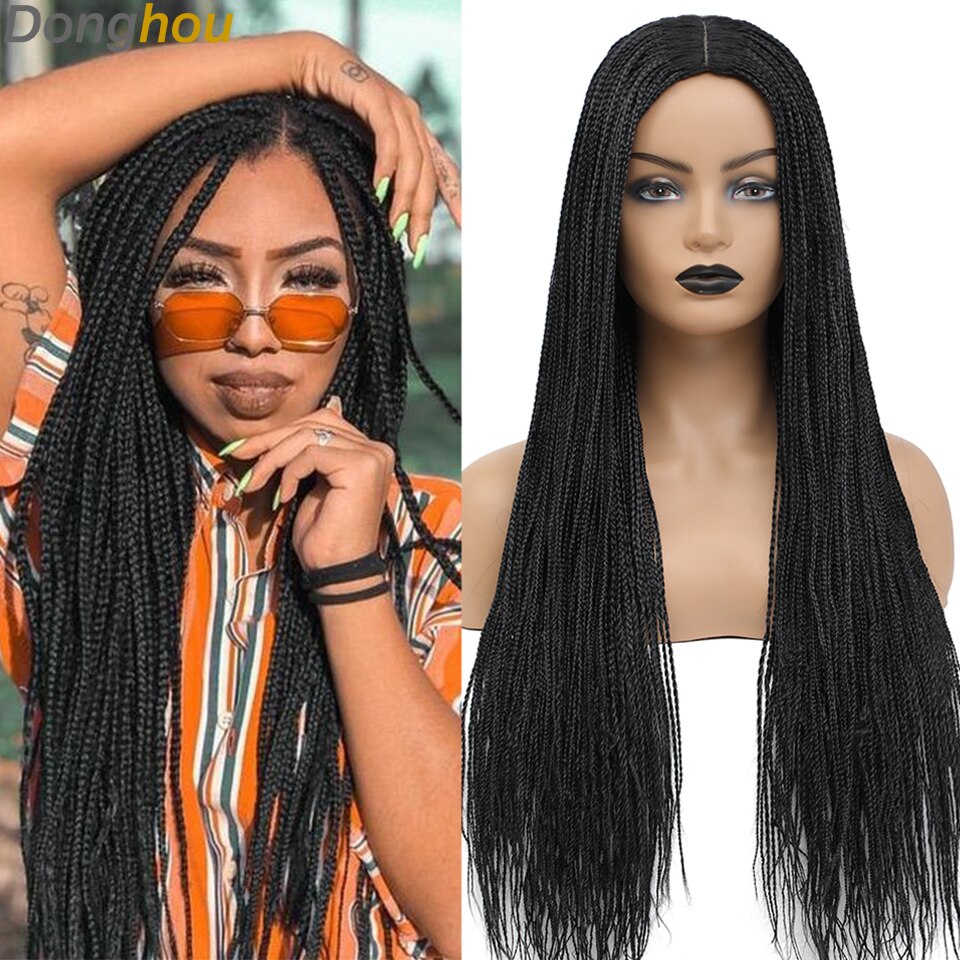 Donghou Box Braided Wigs for Black Women 26 Inch Ombre Long Micro Braids Wig Heat Resistant Fiber Small Box Braids Glueless Wig: 1B Color
