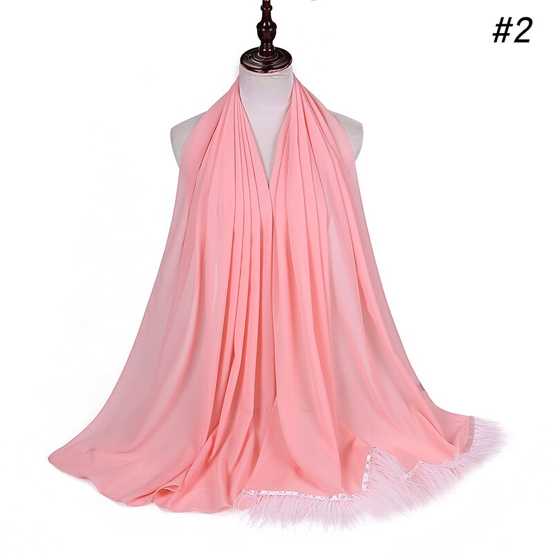 Trend Feather Hijabs Turban Chiffon Single-Side Short Feather Stitching Scarf Long Shawl For Muslim Women Headscarf: 2 snow bud