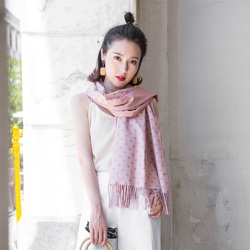 Høst vinter skjerf kvinner sjal dobbeltsidig skjerf faux kasjmir polka punktum lange dusker vinter fast skjerf 70 x 205cm: Rosa