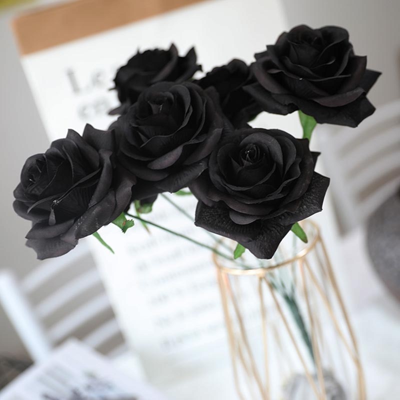 7 hoveder sort rose kunstig blomsterbuket til hjem bryllupsdekoration halloween julefest dekoration enkelt silke blomst