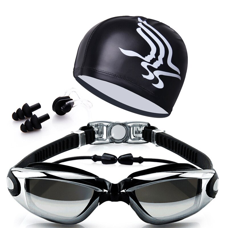 Zwemmen Bril Set Anti-Fog Verstelbare Zwemmen Goggle Met Zwemmen Hoed Waterdicht Anti-Fog Uv Bescherming Bril Hoed: Black