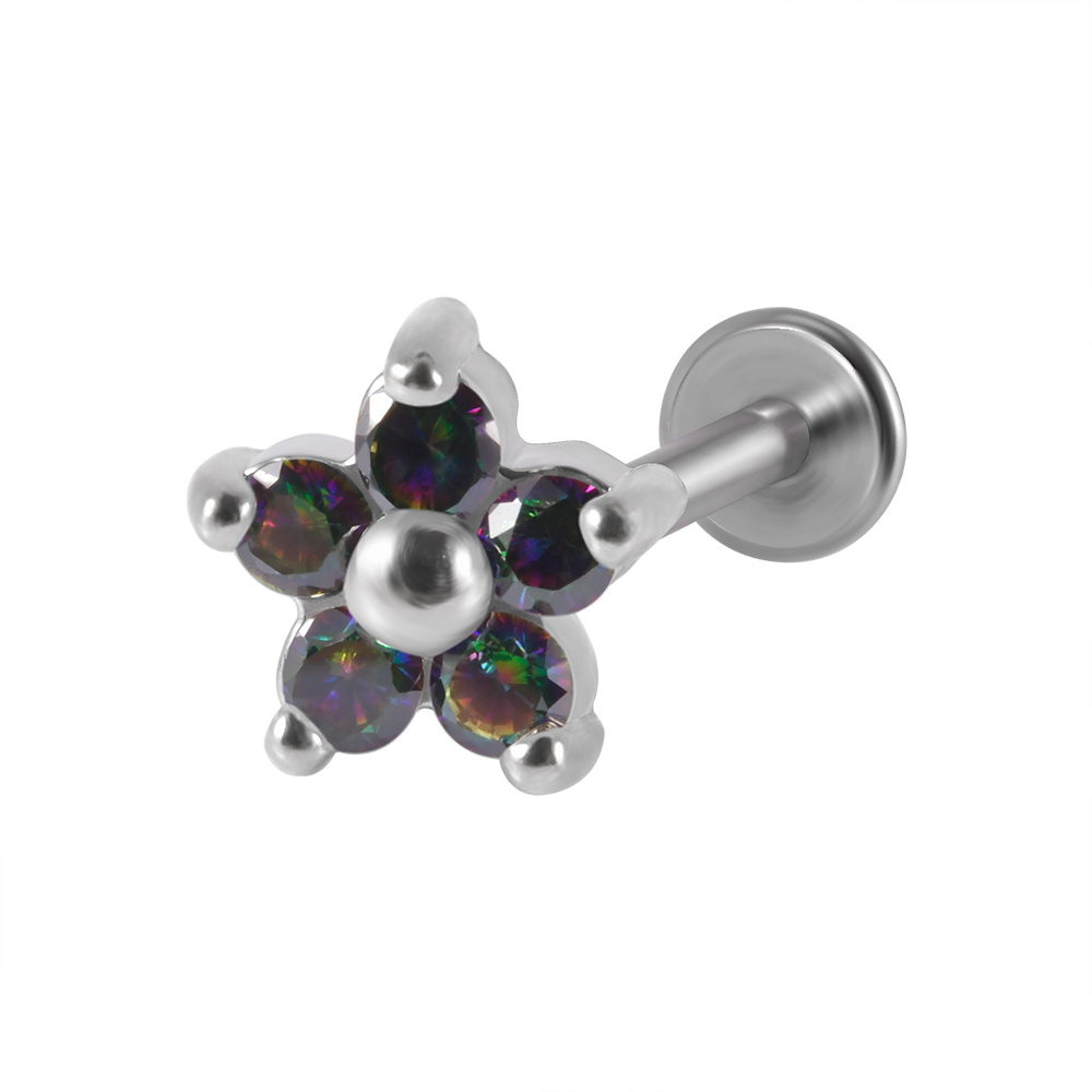 1PC G23 Titanium&Steel Opal Gem Labret Lip Ring Cubic Zircon Flower Ear Cartilage Tragus Helix Piercing Jewelry 16g: green / Rhodium Plated