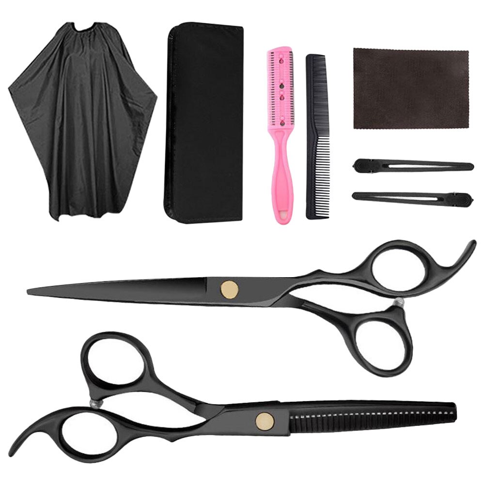 9PCS Hair Cutting Scissors Set Pro Hairdressing Scissors Kit With Thinning Scissor Shears Hair Cape Comb Tool For Barber General: Default Title
