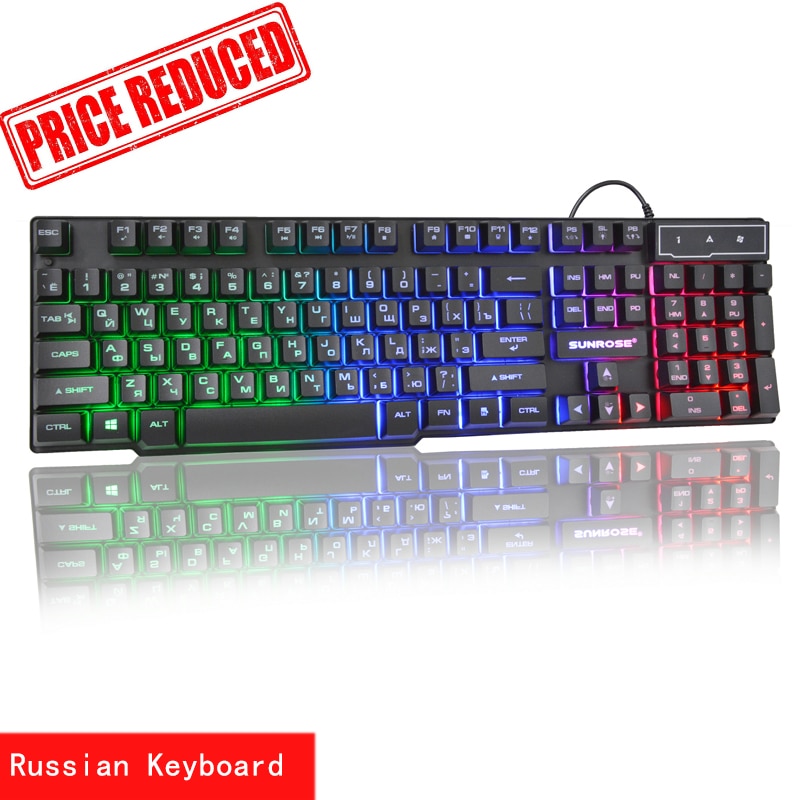 Sunrose Russian / English 3 Color Backlight Gaming Keyboard Teclado Gamer Floating LED Backlit USB Similar Mechanical Feel