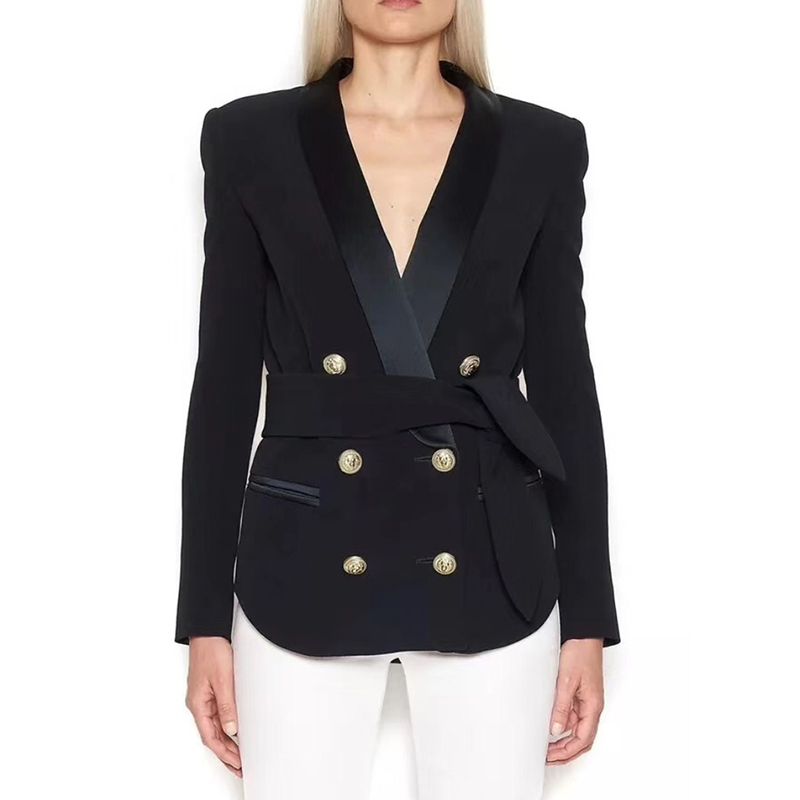 hoch Straße Neueste Blazer frauen Schal Kragen Zweireiher Metall Tasten Gürtel Blazer Jacke