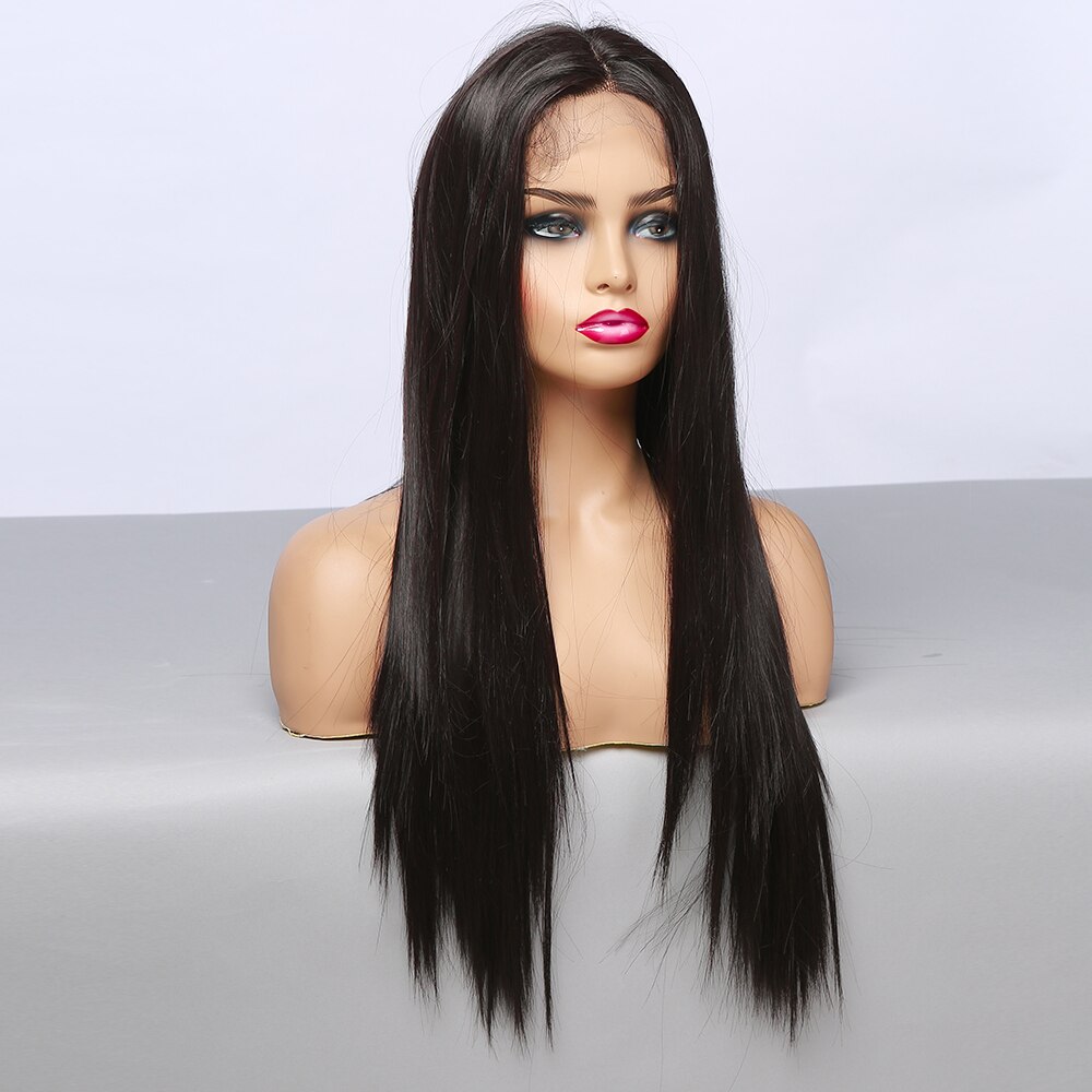 ALAN EATON Middle Part Cosplay Black Lace Wigs for Women Natural Long Straight Synthetic Lace Front Hair Heat Resistant Fiber
