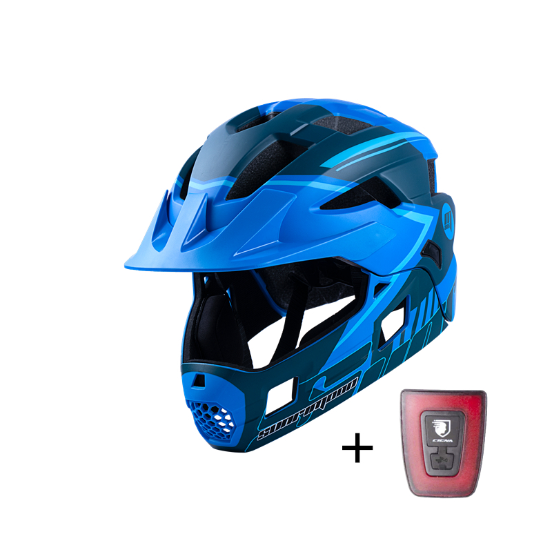 SUNRIMOON Full Face Pubike Push Bike Helmet Cycling with Taillight Detachable Outdoor Sports Safety Helmet Cascos Ciclismo Mtb: Cyan With Light