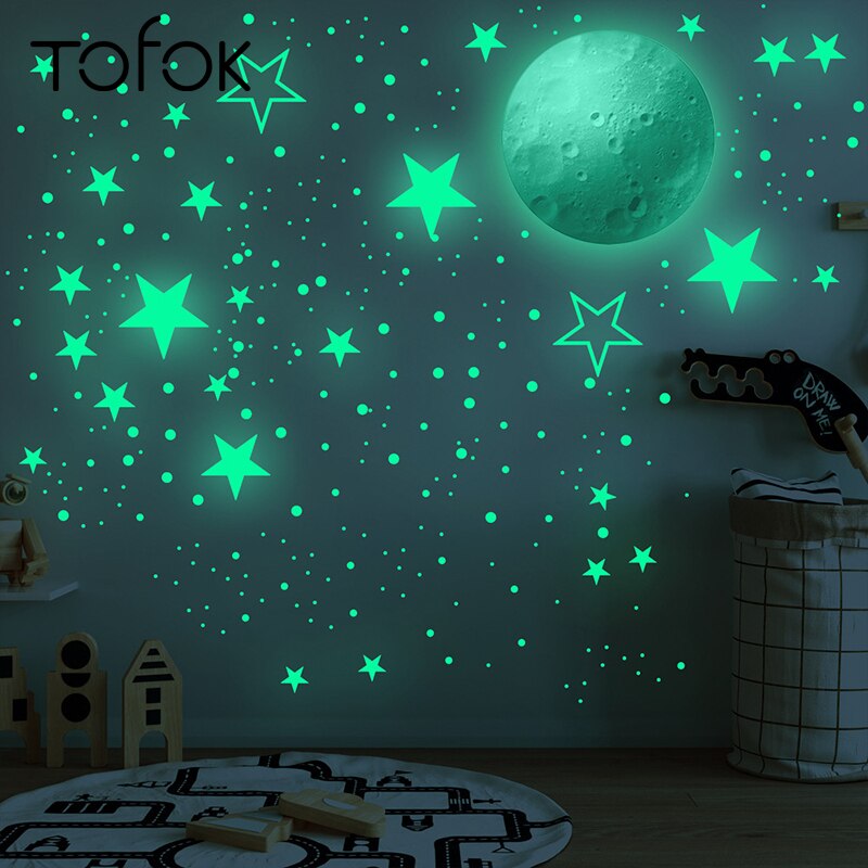 Tofok-pegatina de pared de estrellas para decoración, pegatinas fluorescentes luminosas DIY de 30cm, Luna, Planeta, salón, techo, escaleras, ventana que brillan en la oscuridad