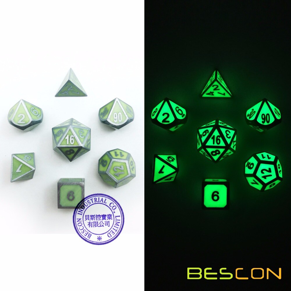 Bescon Super Glow In The Dark Metal Polyhedral D & D Dobbelstenen Set Van 7 Lichtgevende Metallic Rpg Rollenspel game Dice 7 Pcs Set D4-D20