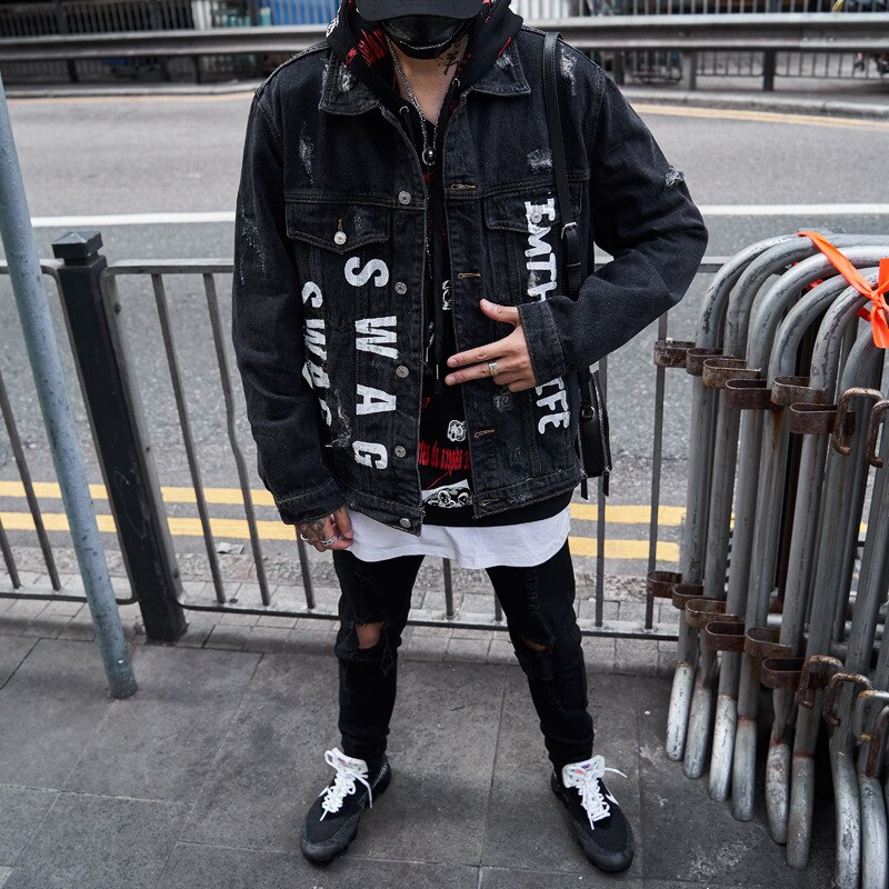 Chaquetas vaqueras con bordado de Hip Hop, abrigo vaquero para hombre con agujeros rasgados, Otoño , Chaquetas vaqueras para hombre, bordado HW340