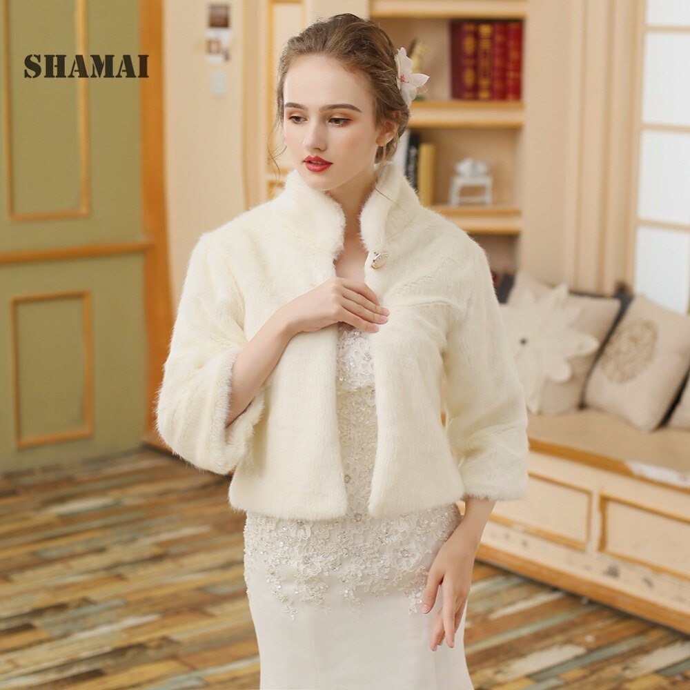 Veste de mariage en fausse fourrure pour femme, col haut, couleur Champagne clair, châle, étole, boléro