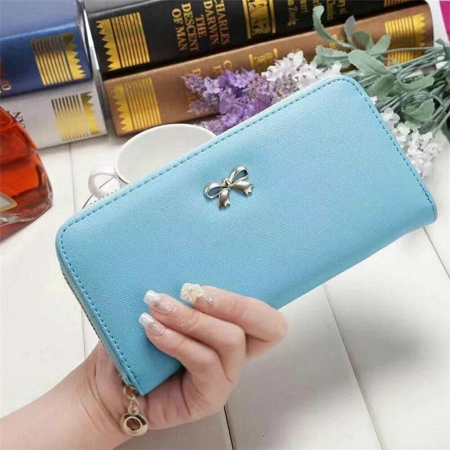 Cuero billeteras de PU de lujo para mujer, Cremallera larga, monedero, monedero, tarjetero, funda para teléfono: Azul