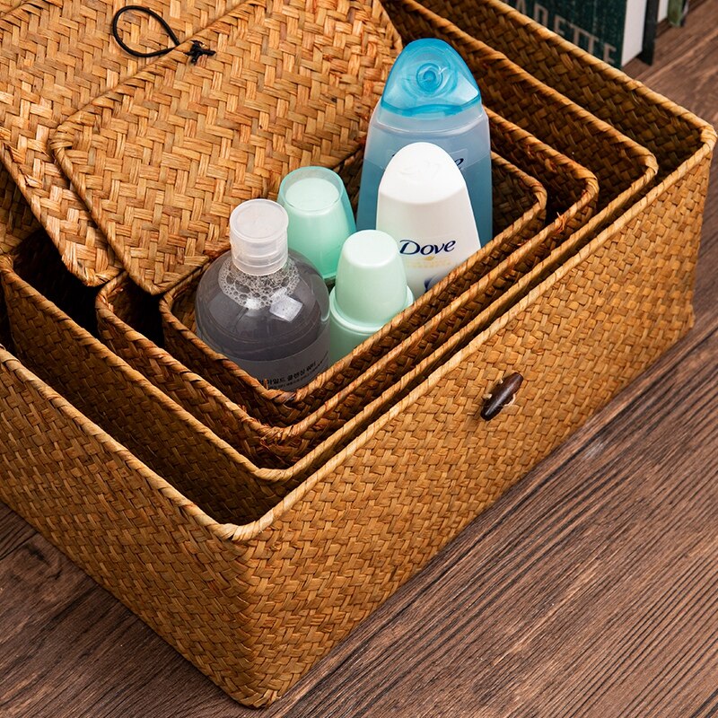 Handmade Woven Storage Baskets Laundry Basket Home Storage Rectangular Storage Box with Lid Sundries Organizer Box