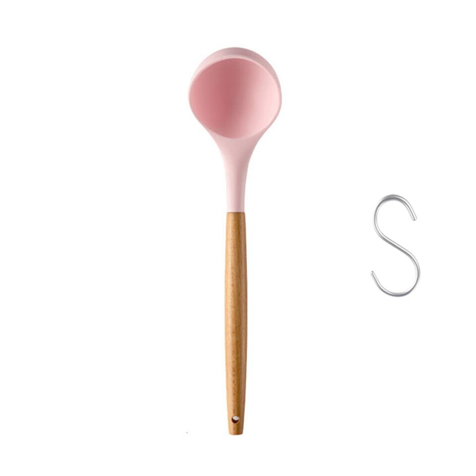 Silicone Kitchen Soup Spoon Cooking Spoons Wood Handle Spoon Kitchen Accessori: Pink