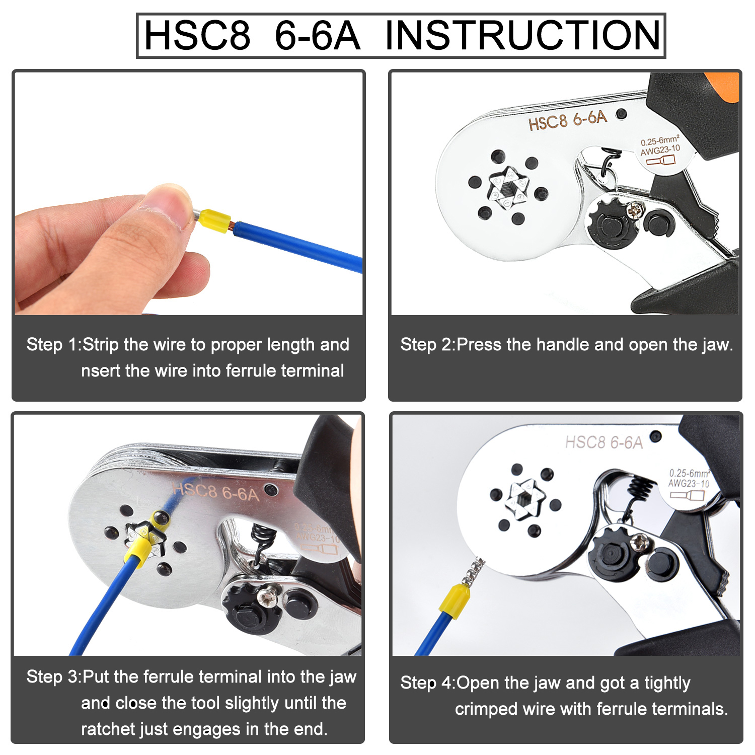 Ferrule Sleeves Terminal Crimping Tools Mini Electrical Pliers HSC8 6-4/6-6(0.25-10mm²/0.25-6mm²) Wire Connection Repair Clamp