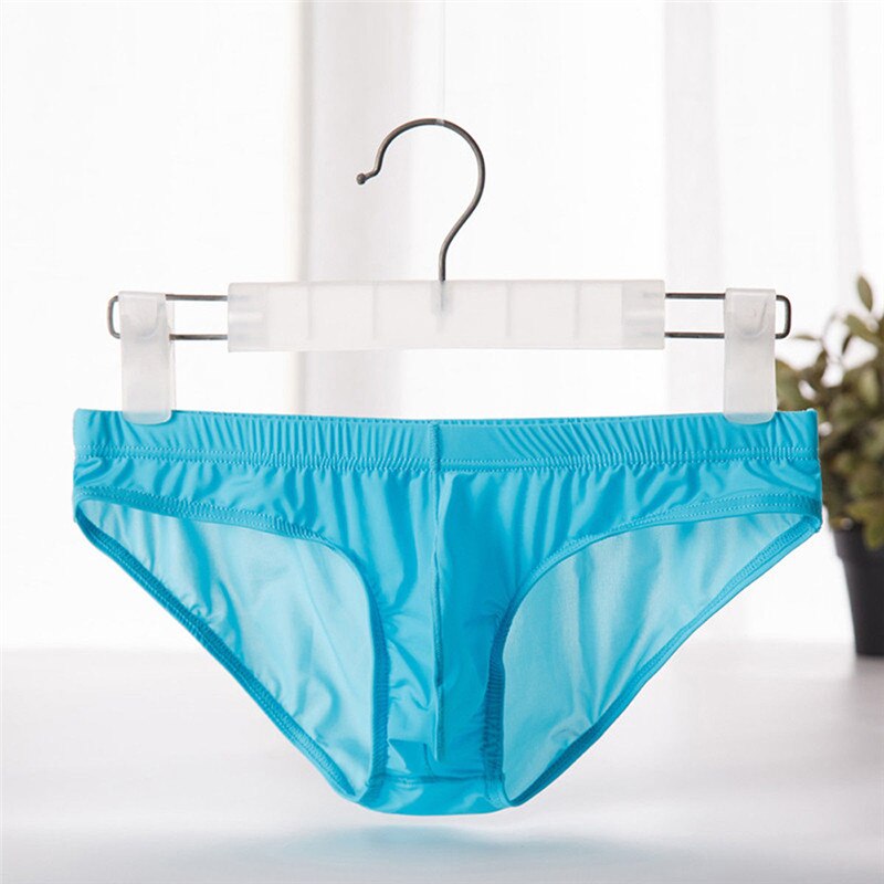 KLV Breathable Ice Silk Men Briefs Ultra-thin Transparent Seamless Underpants Low Waist Sexy Men Panties Elastic Underwear: Blue / XL