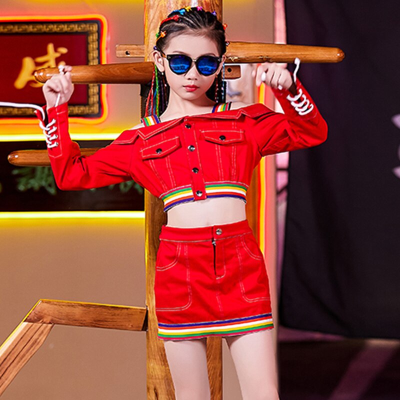 Girls Hip Hop Costumes Red Long Sleeve Top Skirt Jazz Cheerleading Clothing Children Street Dance Performance Wear DNV12381