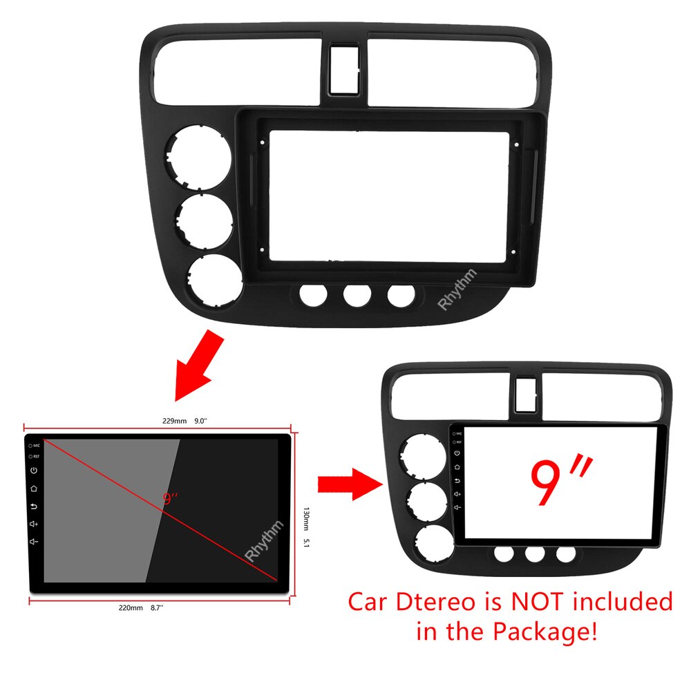 9 Inch Car Fascia For Honda Civic 2001-2005 LHD Double Din Car Frame Dashboard Install Panel Trim Refitting Kit