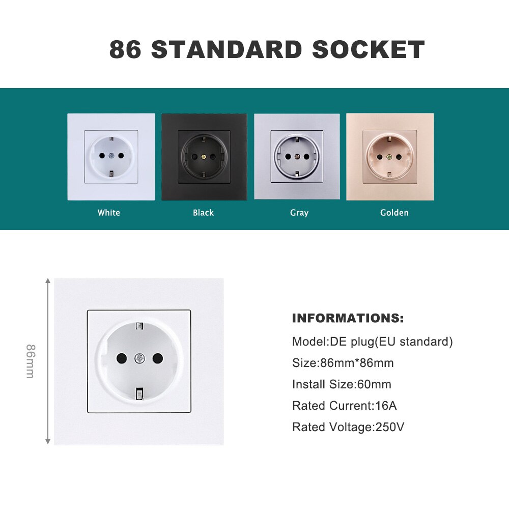 Tysk type stikkontakt eu standard 86 panel vægskjul installering europæisk stil 250v 16a pvc
