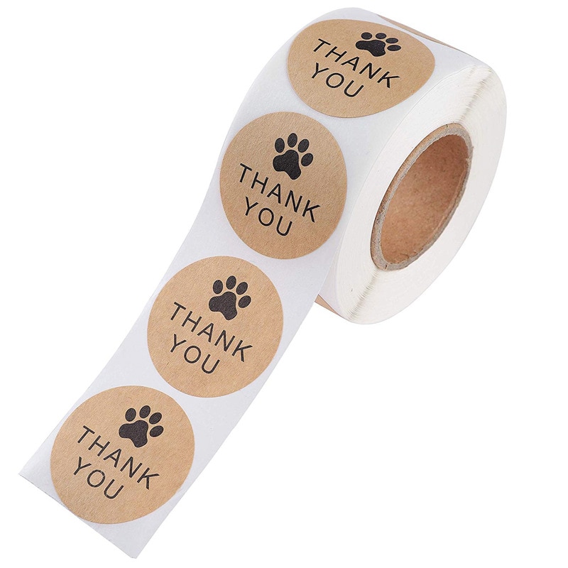 Naturale di Carta Kraft Grazie Adesivi di tenuta etichette Dog Paw Print 1Inch regalo di Imballaggio di cancelleria sticker 500 Etichette Per Bobina rotolo