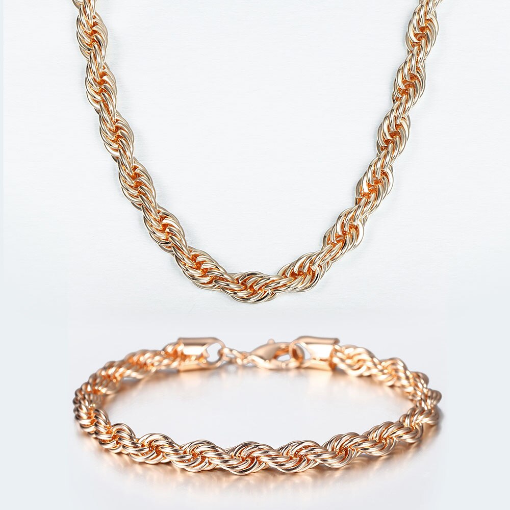 Bredde 5/6mm 585 rose guld reb kædesmykker sæt snoet halskæde armbånd til kvinder mænd smykker  cs19: 6mm cs20 / 60cm og 20cm