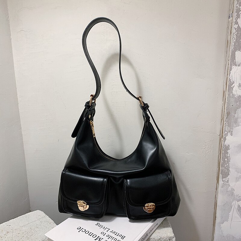 Bolso blanco Hobos de de para mujer, Cartera de mano de piel de Color sólido con múltiples bolsillos, bolso de hombro a la de media luna,: Black