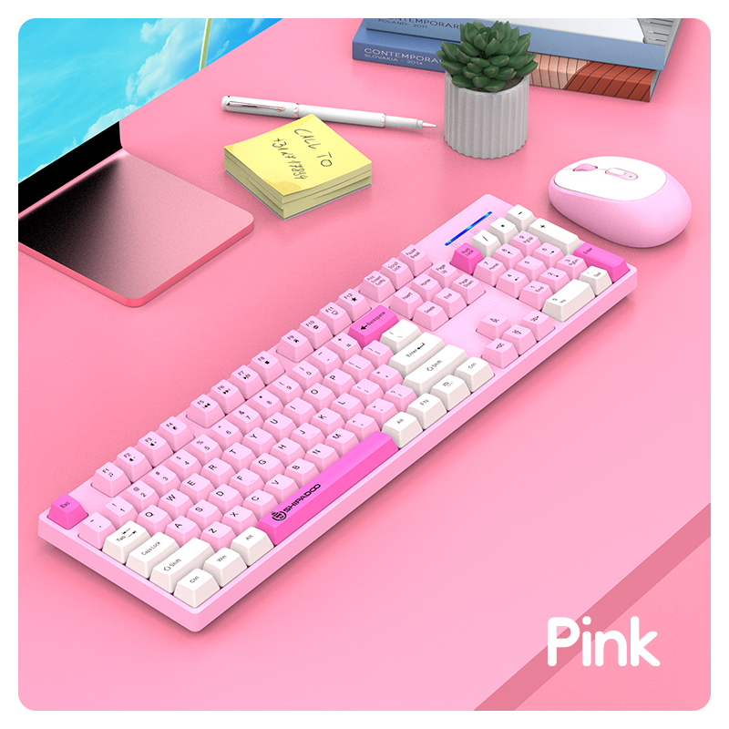 Kabellose Tastatur- und Maus-Kombination, 104 Tasten, volle Größe, ergonomische Tastatur, batteriebetrieben, 2,4 G, Maus für PC, Laptop, für Büro und Zuhause: Pink