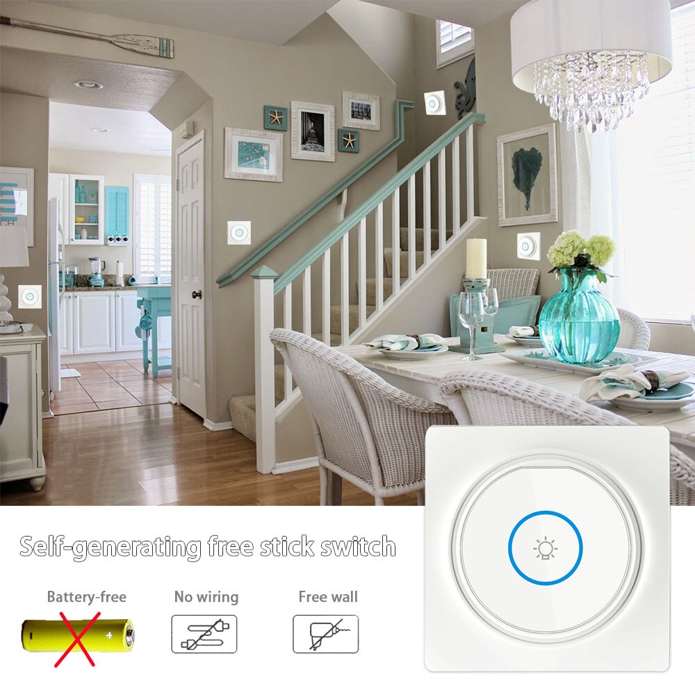 433mhz Rf Wireless Kinetic Switch Self-Powered Wall Switch No Battery Need and 220V 10A Relay Receiver for Light/home Appliance