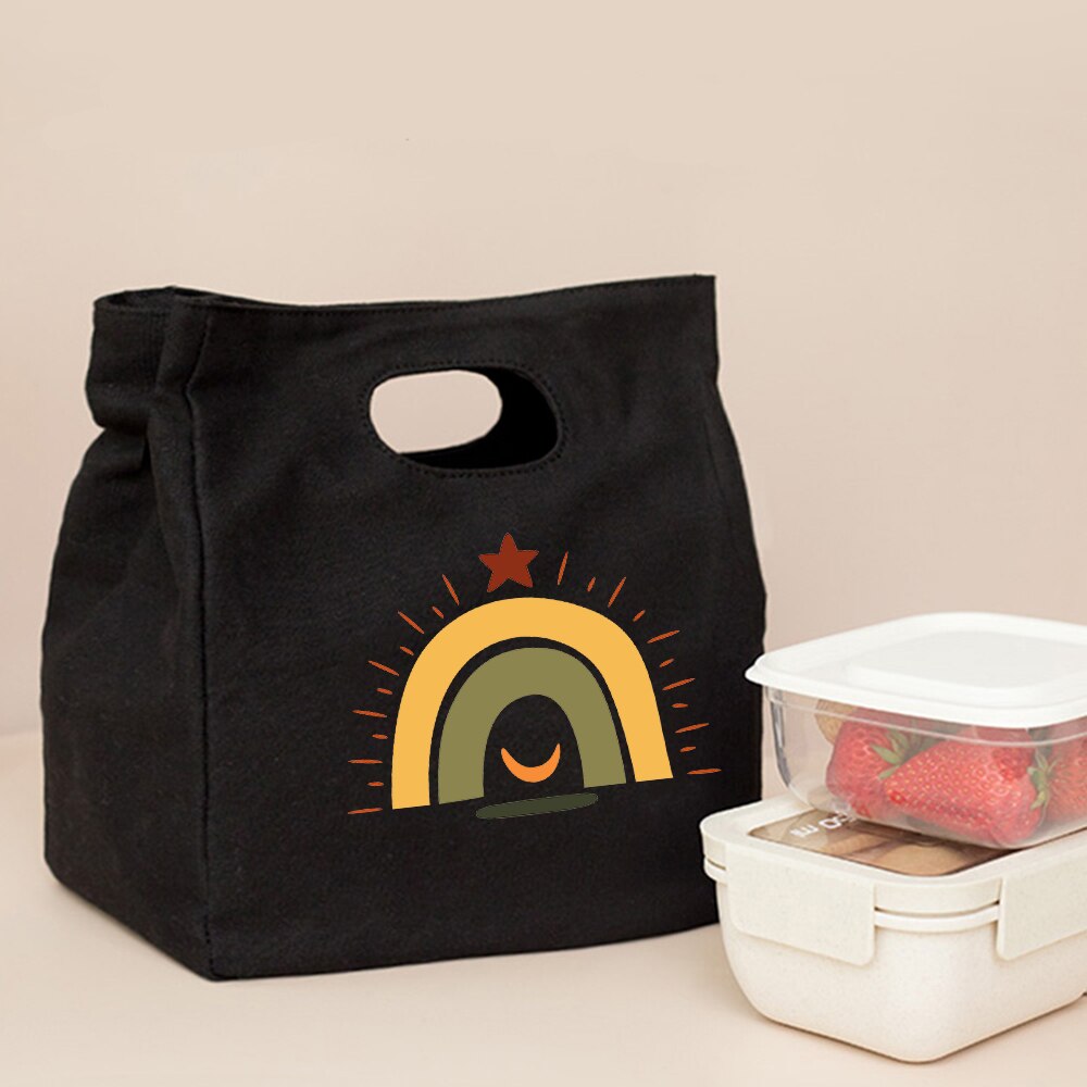 Śliczna modna tęcza drukuj czarne torby na Lunch na co dzień wielokrotnego użytku Eco termiczna torba składana torba podróżna o dużej pojemności Harajuku: Q00734-TBBK-C