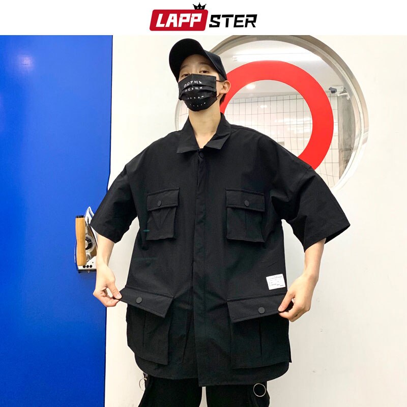 Lappster menn streetwear lommer last skjorter ins moter sommer kortermede svarte skjorter mann japansk stil hofte hopp klær