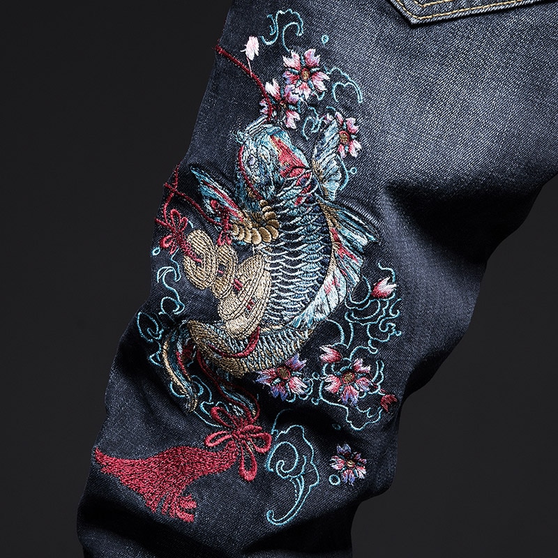 Pantalones vaqueros rasgados para hombre, jeans ajustados con bordado de carpa, ropa de calle, elásticos, ajustados, para motocicleta