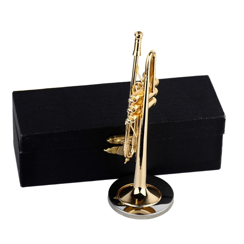 Mini Trombone Trompet Saxofoon Koperen Vergulde Model Ornament Met Stand &amp; Box Voor Miniatuur Musical Woondecoratie