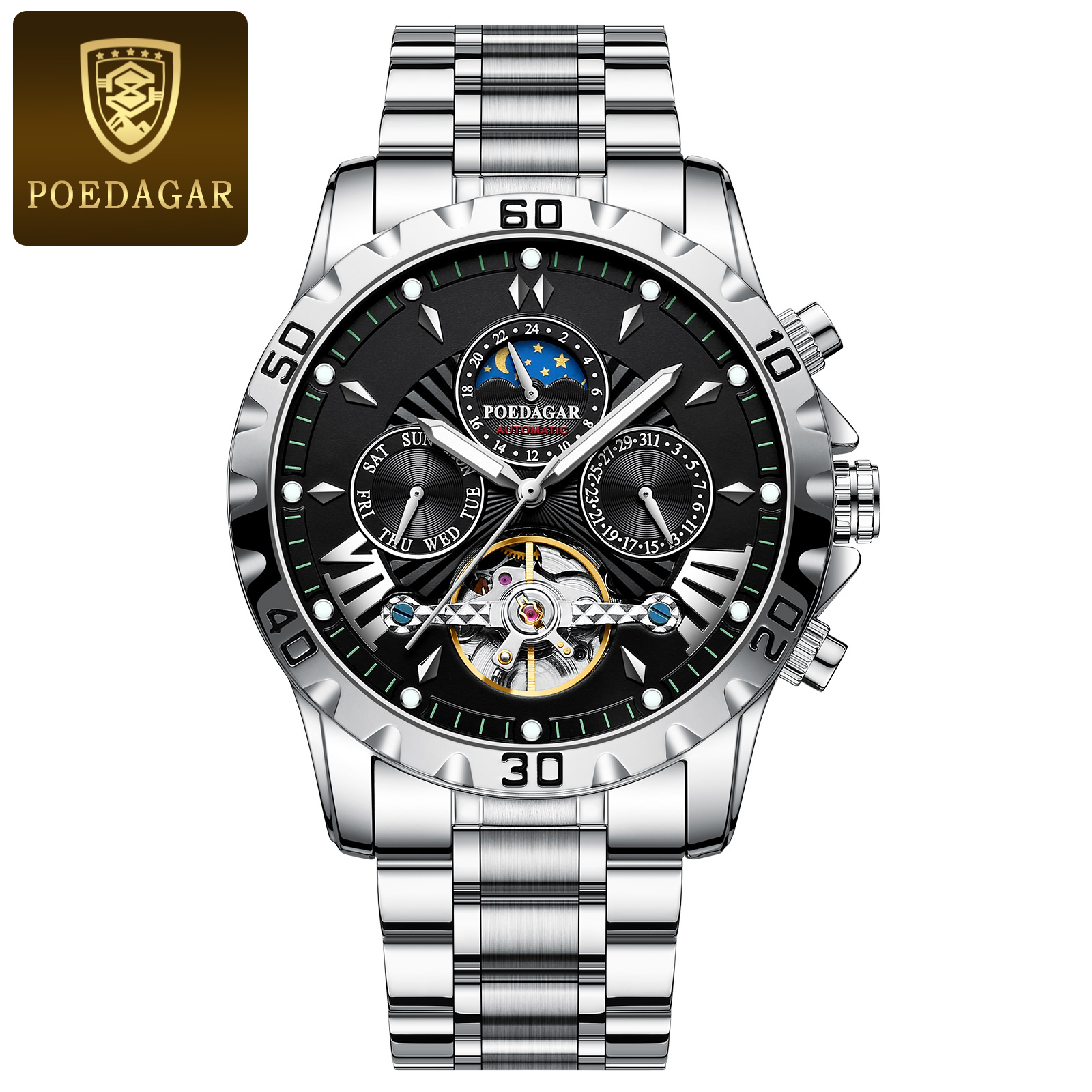 POEDAGAR-Montre de Luxe à Tourbillon Creux pour Homme, Accessoire Étanche, Mécanique et existent, en Acier Inoxydable, avec Date et Semaine: Ivoire