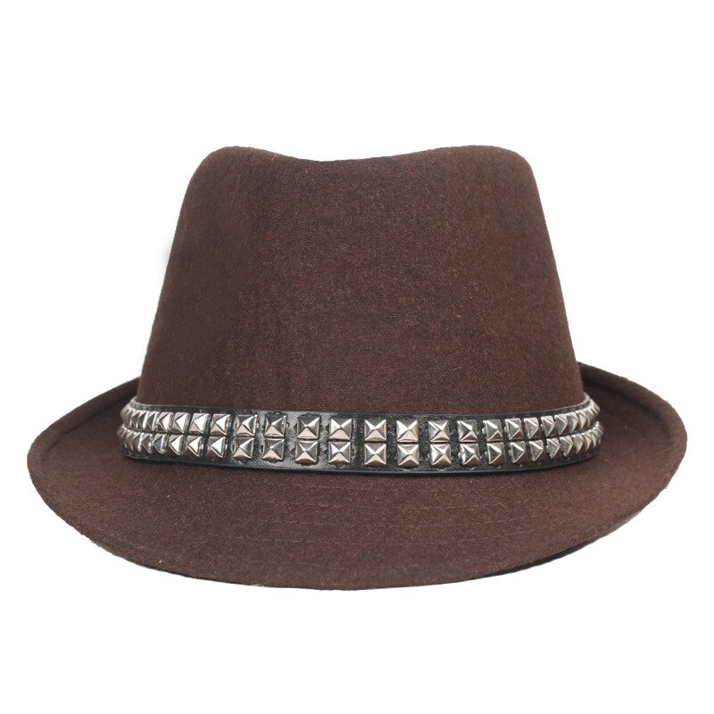 QBHAT-Sombrero de ala corta con remaches para hombre, sombrero de lana con banda de remache, fieltro, Jazz, Trilby, protección solar, para exteriores