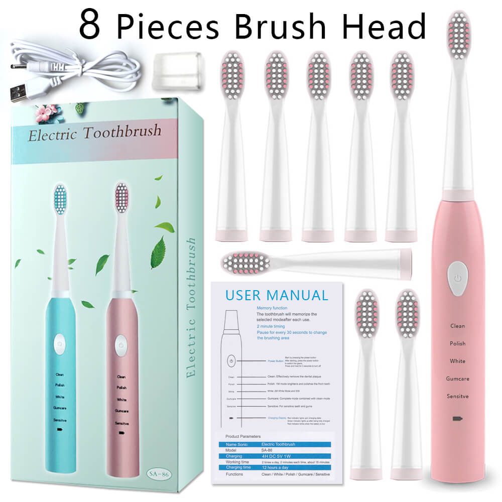 Eltandborste uppladdningsbar dental scaler tandblekningsrengöringslåda bärbar hem ultraljudsborttagare fläckar tandläkare borste: Rosa med 8 huvuden