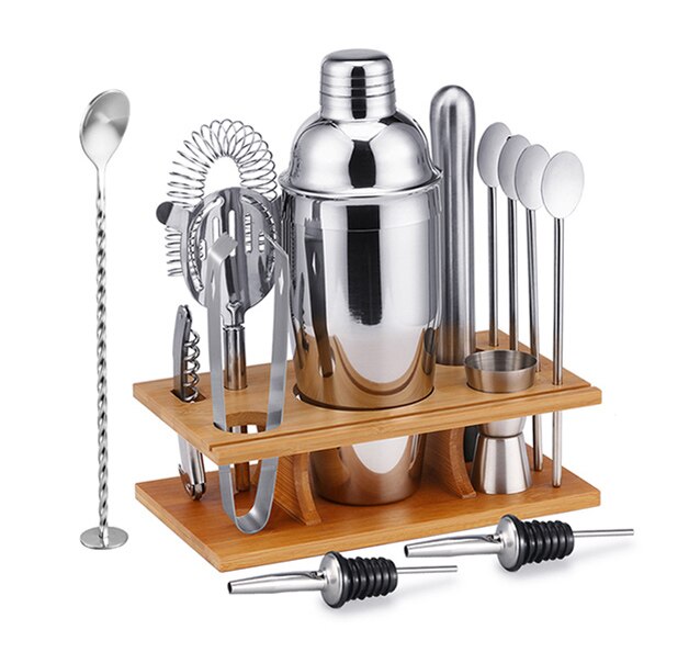 14 PCS Barware Set Stainless Bar Cocktail Shaker Set Shaker Set With Wooden Rack Storage Stand Bars Mixed Drinks Tool Holder