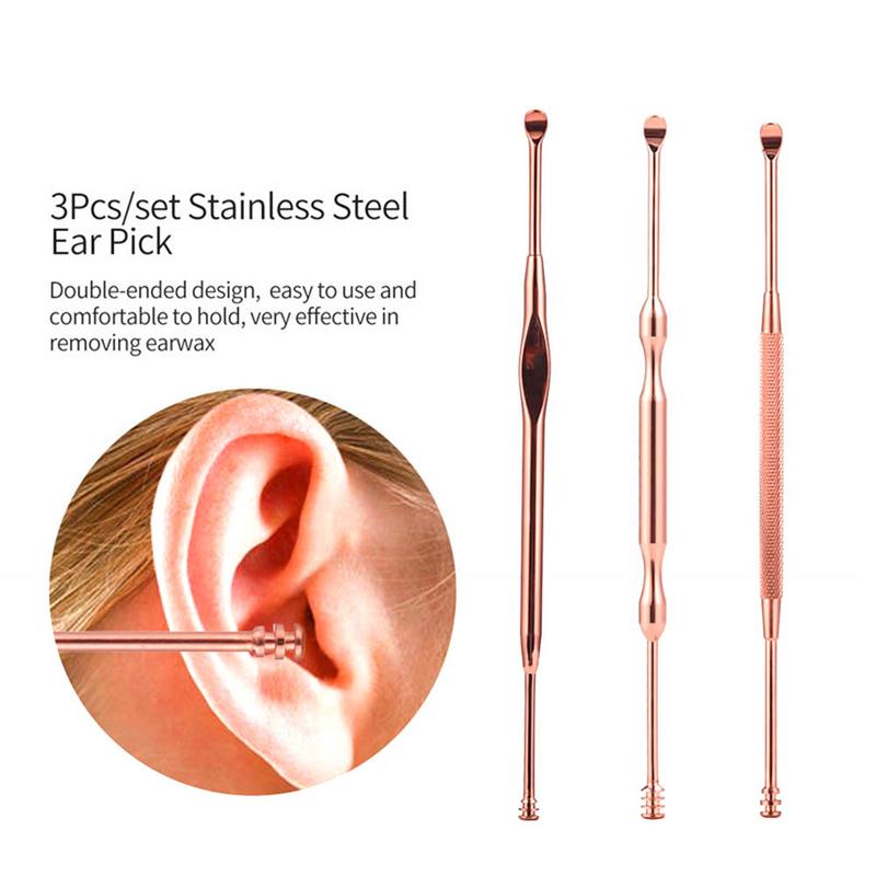 3 stks/set Rvs Oor Pick Double-ended Earpick Wax Remover Oor Cure Cleaner Lepel Oor Spiraal Schoonmaken Tool