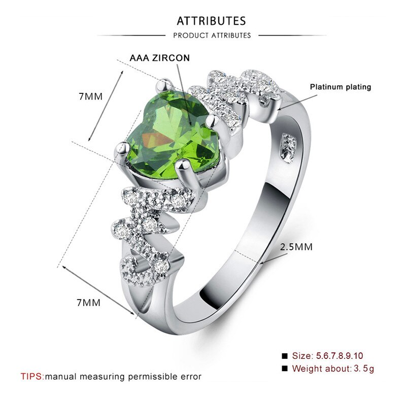 neue Frauen Mädchen GrüNe Herz Ring Silber Farbe CZ Stein Finger Ring Jahrgang Party Hochzeit Schmuck Mama