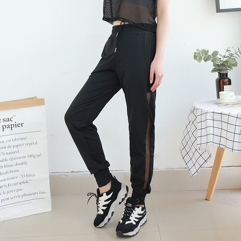 Women High Elastic Waist Running Pants Side Mesh Striped Patchwork Breathable Korean Style Sport Jogging Small Leg Open Trousers