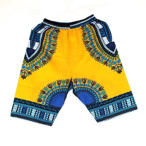 African Traditional Print Cotton Dashiki Short Men's African Beach short: yellowblue