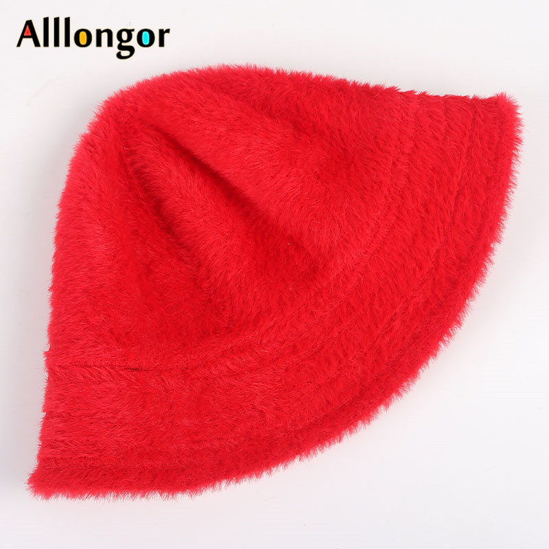 Winter Hat Women Bucket Hat Femme Autumn Warm Solid Casual Plush Faux Fur fishing cap Solid Wool fisherman&#39;s hats mujer: Red