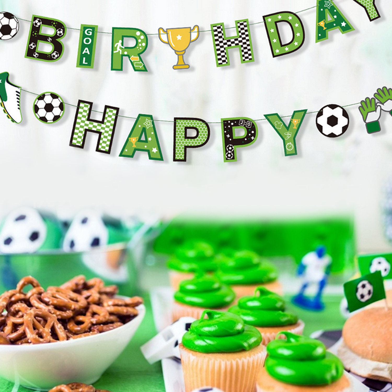 80 stk fodbold tema fest dekoration kit med fødselsdag banner cupcake toppers tallerken kop hængende hvirvel til fødselsdag fest forsyninger