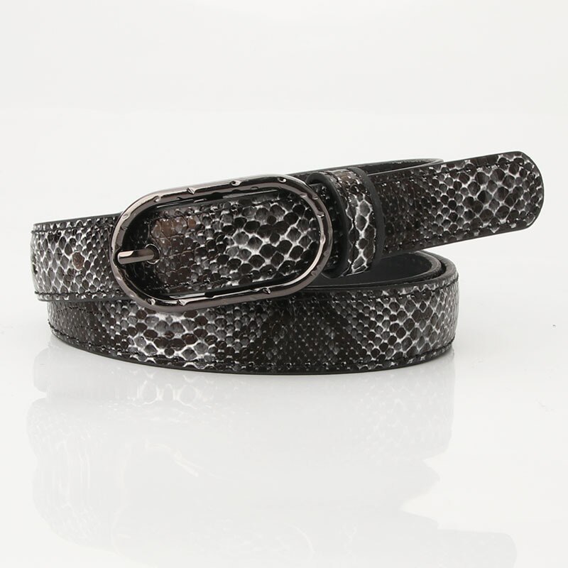 Slangenprint dames pu leren tailleband dames dunne skinny riemen voor dames jeans jurk riem zwarte metalen gesp: Zwart