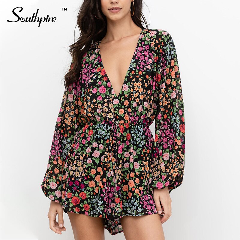 Southpire Flower Print Bohemian Playsuit Women Long Sleeve Spring Summer Loose Romper Female Day Casual Jumpsuit Overalls